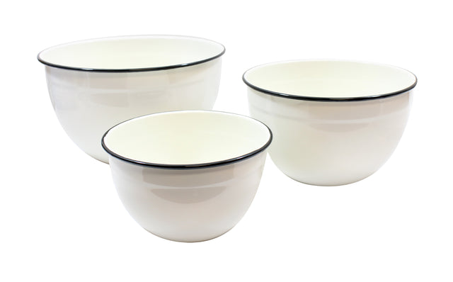 Three white enamelware mixing bowls of different sizes are shown. Each bowl has a smooth, glossy surface and a thin black rim around the top edge. The dishwasher safe set is nested closely together on a plain white background.