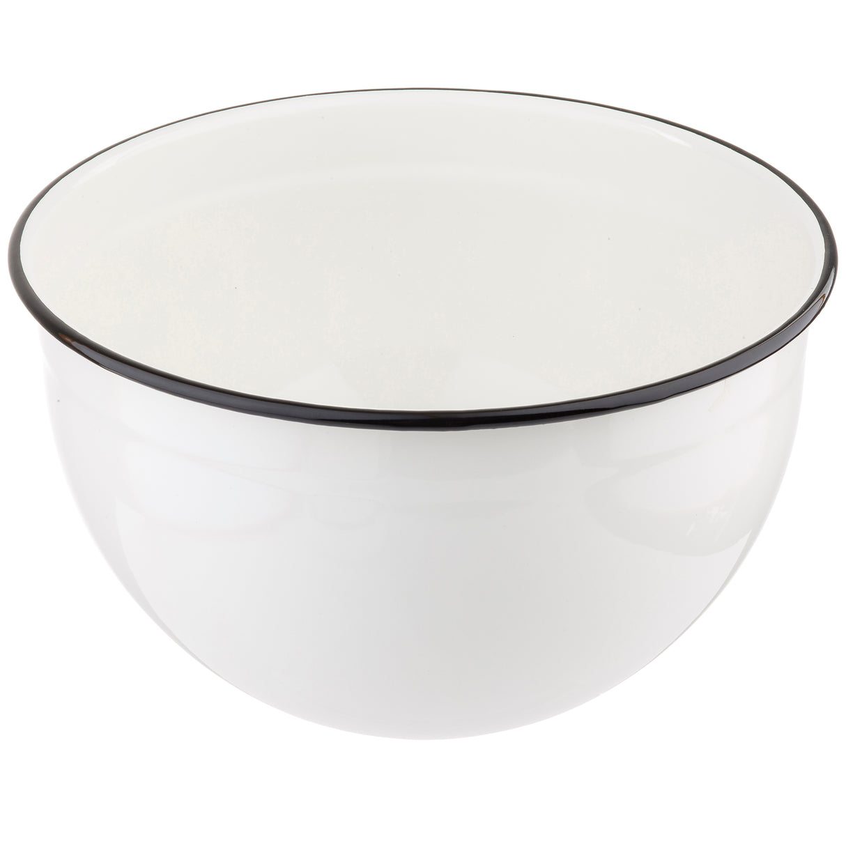 A plain white enamelware mixing bowl made of porcelain enamel coated steel with a shiny surface and thin black rim. The bowl is empty, round, reflective, dishwasher safe, and sits on a white background.