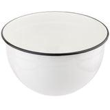 A plain white enamelware mixing bowl made of porcelain enamel coated steel with a shiny surface and thin black rim. The bowl is empty, round, reflective, dishwasher safe, and sits on a white background.