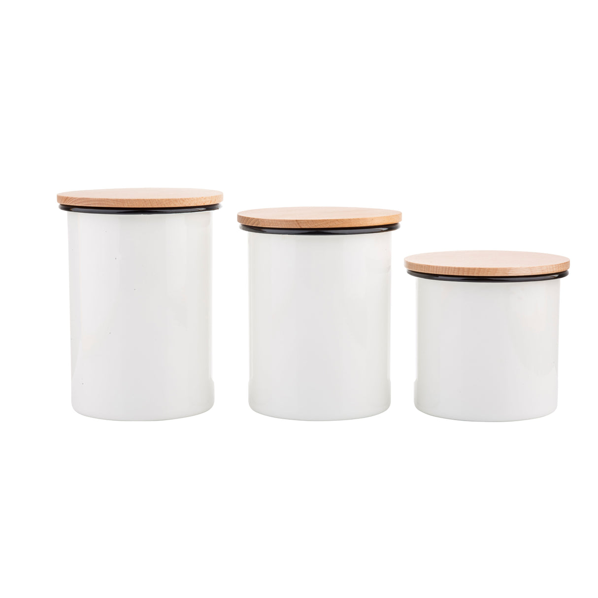 Three white Enamelware canister set containers of varying heights are shown side by side. Each features a flat, round bamboo lid with a thin black gasket for an airtight seal. The background is plain white.