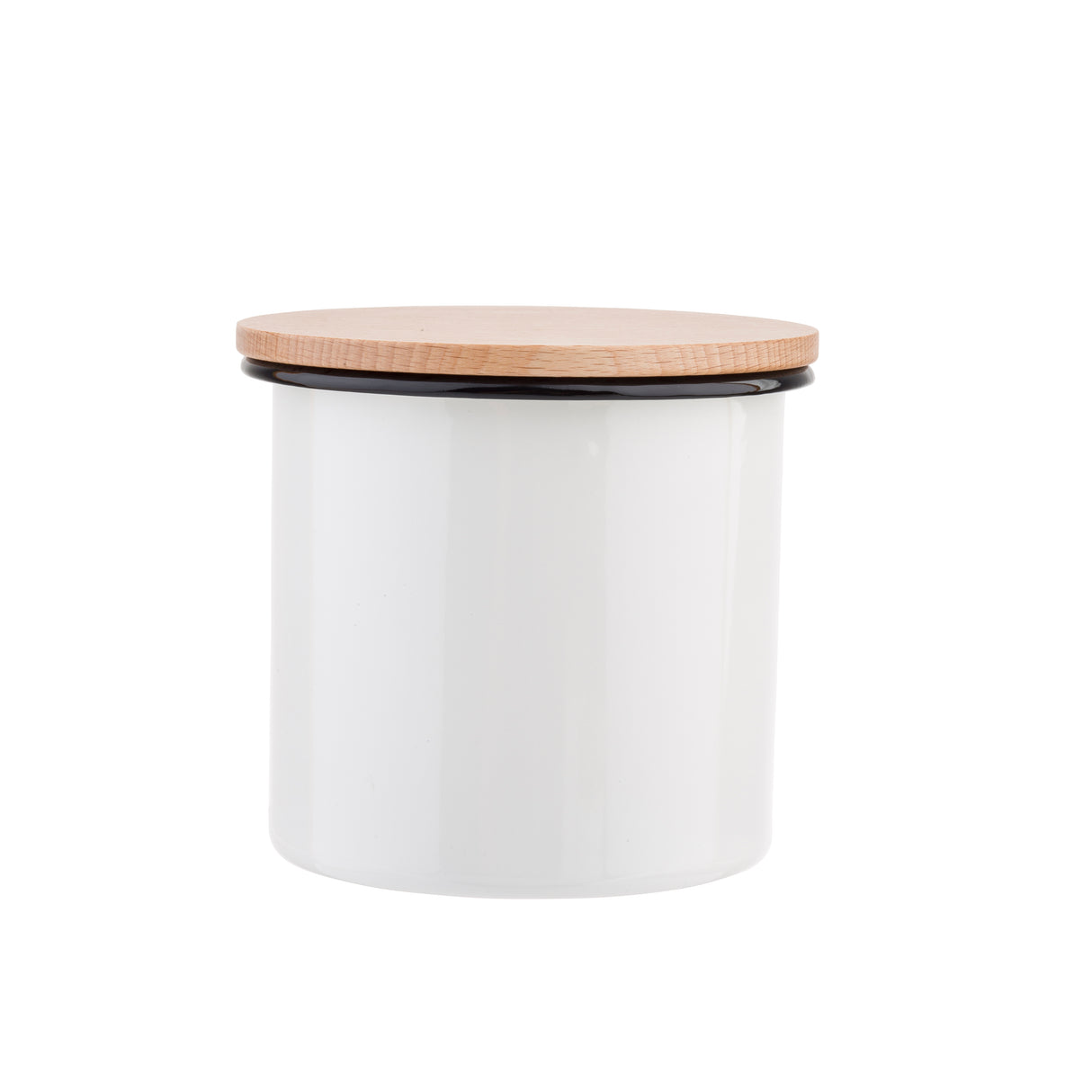 A white cylindrical enamelware canister with smooth sides and a flat, light-colored bamboo lid. This minimalist container is photographed against a plain white background, making it a stylish addition to any enamelware canister set.