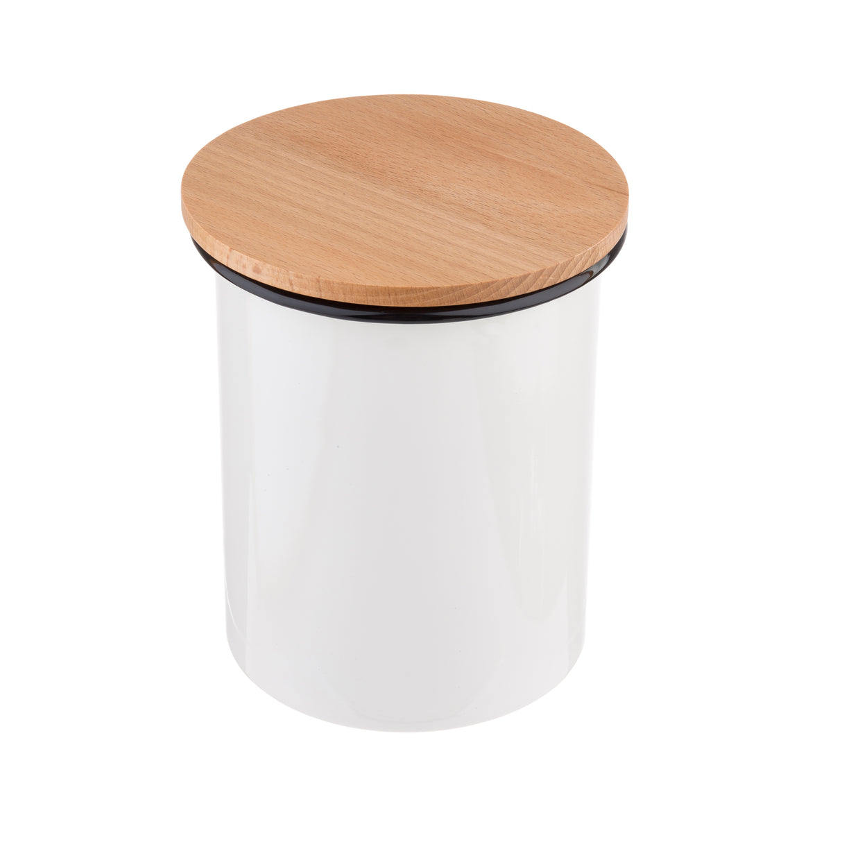 A white cylindrical enamelware canister with a smooth surface and a round, flat bamboo lid, set against a plain white background. The lid features a natural wood grain pattern and a thin black ring separates it from the container.