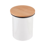 A white cylindrical enamelware canister with a smooth surface and a round, flat bamboo lid, set against a plain white background. The lid features a natural wood grain pattern and a thin black ring separates it from the container.