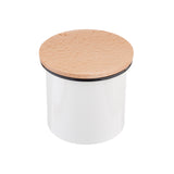 A round, white enamelware canister with a smooth, glossy finish and a flat, circular bamboo lid featuring visible wood grain. The dishwasher safe container sits on a white background.