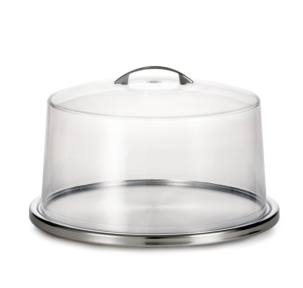 A round, stainless steel cake plate set with a transparent, dome-shaped plastic cover and small handle on top. The dishwasher safe cover sits securely on the tray, perfect for protecting and displaying cakes or pastries.