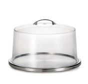 A round, stainless steel cake plate set with a transparent, dome-shaped plastic cover and small handle on top. The dishwasher safe cover sits securely on the tray, perfect for protecting and displaying cakes or pastries.