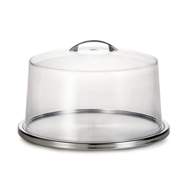 A round, stainless steel cake plate set with a transparent, dome-shaped plastic cover and small handle on top. The dishwasher safe cover sits securely on the tray, perfect for protecting and displaying cakes or pastries.