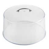 A clear, round plastic cake cover with a stainless steel handle on top is shown against a white background. The cover is empty, displaying its transparent design and smooth surface—an ideal addition to any cake plate set.