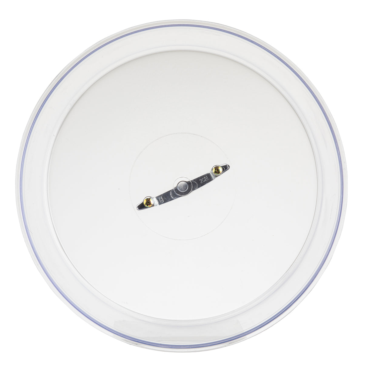 A round, white cake plate set with a transparent edge, viewed from above. At the center is a small metal bar with two screw heads. The smooth surface is plain and minimal, and the piece is dishwasher safe for easy cleaning.