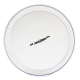 A round, white cake plate set with a transparent edge, viewed from above. At the center is a small metal bar with two screw heads. The smooth surface is plain and minimal, and the piece is dishwasher safe for easy cleaning.