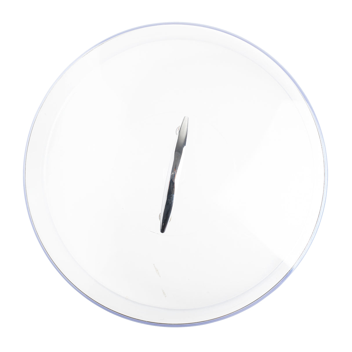 A round, transparent glass pot lid with a stainless steel handle is shown from above on a white background. The lid is clean and simple, with a slight reflection visible on its surface. It is also dishwasher safe for easy cleaning.