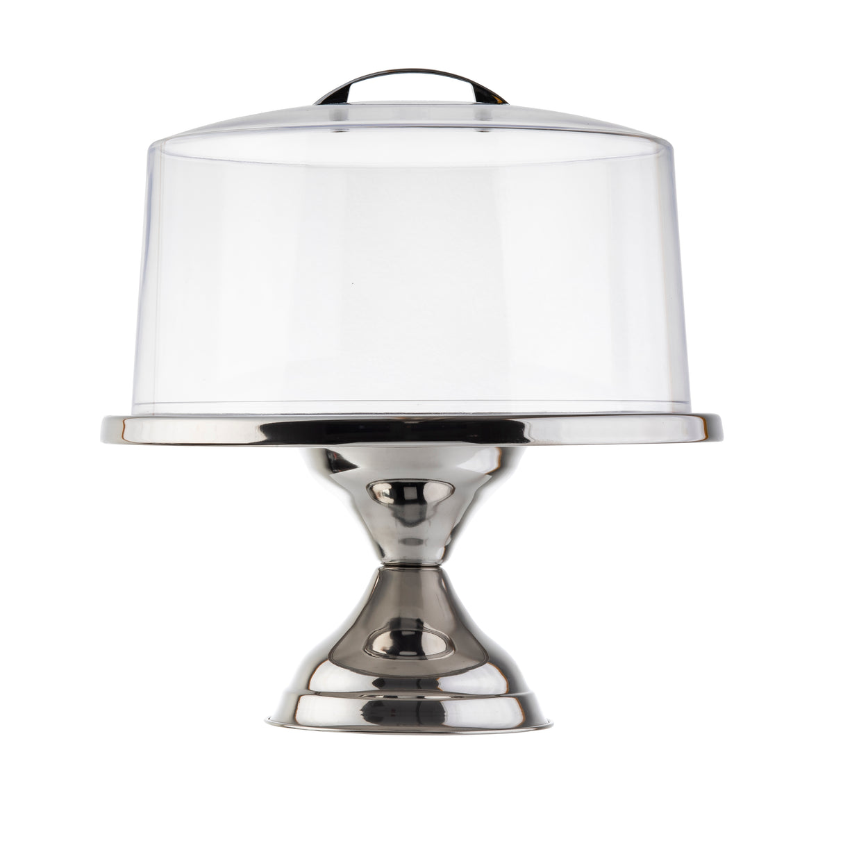 A shiny stainless steel cake stand with a wide base and a tall, clear cake stand cover featuring a small black handle on top. The empty stand and cover are set against a plain white background.