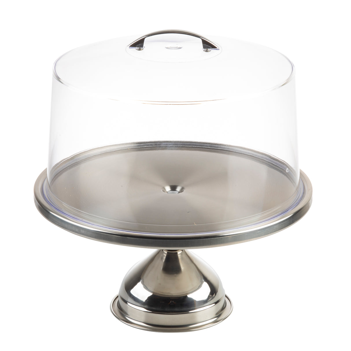 A shiny stainless steel cake stand with a wide base, topped by a clear, round cake stand cover with a handle on top. The stand is empty and displayed against a plain white background.