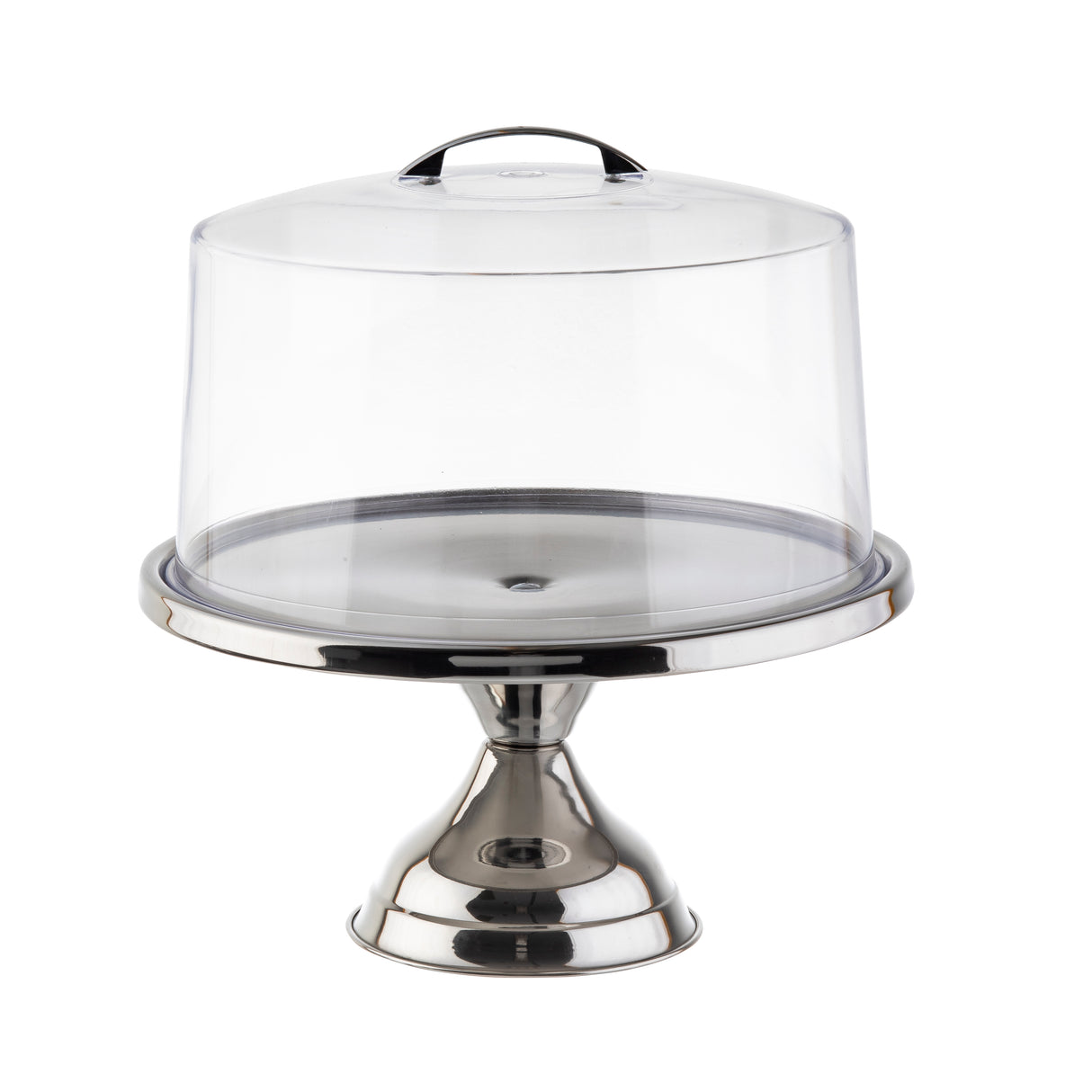 A shiny stainless steel cake stand with a wide base and flat plate, topped with a clear cake stand cover featuring a small handle. The stand is empty and isolated on a white background.