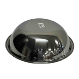 A shiny 5 qt stainless steel mixing bowl is placed upside down on a white surface. The bowl features a smooth, reflective finish with a barcode sticker at the top center and reflects lights and shelves on its surface.