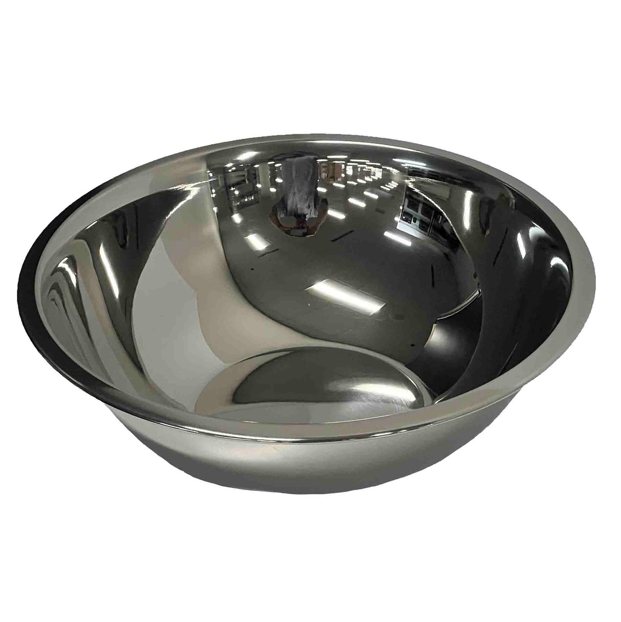 A shiny 5 qt stainless steel mixing bowl with smooth, curved sides and a reflective surface, placed against a plain white background. Its polished finish reveals distorted reflections of lights and surroundings.