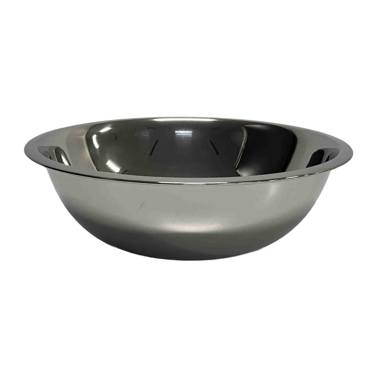 A shiny, metallic 5 qt stainless steel mixing bowl with a wide rim and rounded sides sits on a plain white background, reflecting light on its smooth surface.