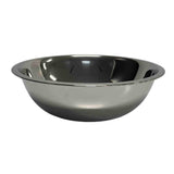 A shiny, metallic 5 qt stainless steel mixing bowl with a wide rim and rounded sides sits on a plain white background, reflecting light on its smooth surface.