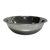 A shiny, metallic 5 qt stainless steel mixing bowl with a wide rim and rounded sides sits on a plain white background, reflecting light on its smooth surface.