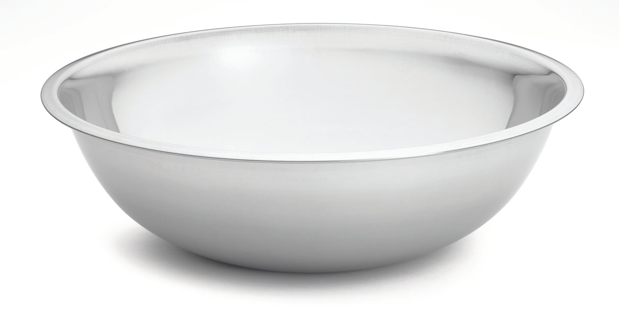 A large 13 qt stainless steel mixing bowl with a shiny, reflective surface sits on a white background. The bowl has a wide rim and curved sides, giving it a smooth, sleek appearance.