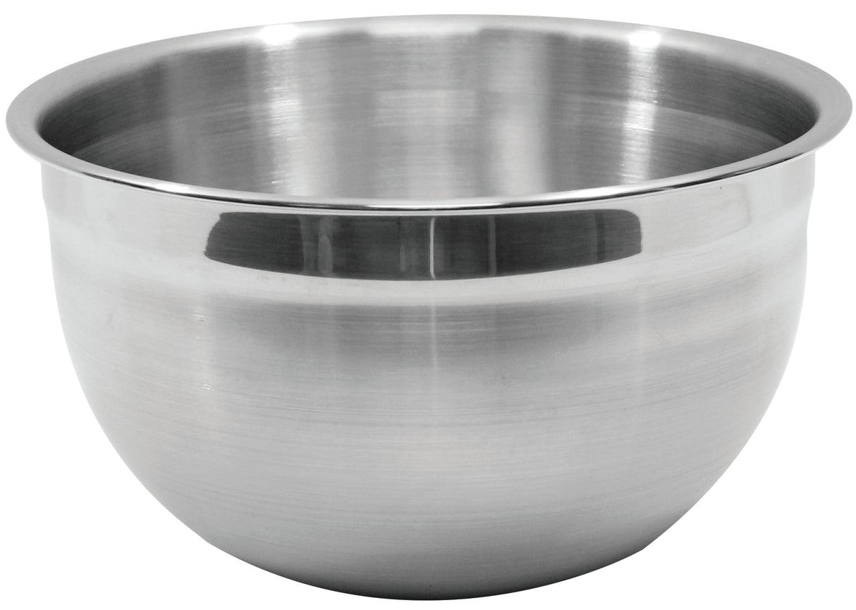 A shiny, empty Premium Mixing Bowl with a rounded bottom and wide, flared rim. This 5 qt Mixing Bowl is reflective, smooth, and set against a plain white background.