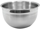 A shiny, empty Premium Mixing Bowl with a rounded bottom and wide, flared rim. This 5 qt Mixing Bowl is reflective, smooth, and set against a plain white background.