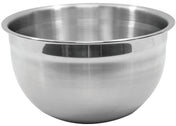 A shiny, empty Premium Mixing Bowl with a rounded bottom and wide, flared rim. This 5 qt Mixing Bowl is reflective, smooth, and set against a plain white background.