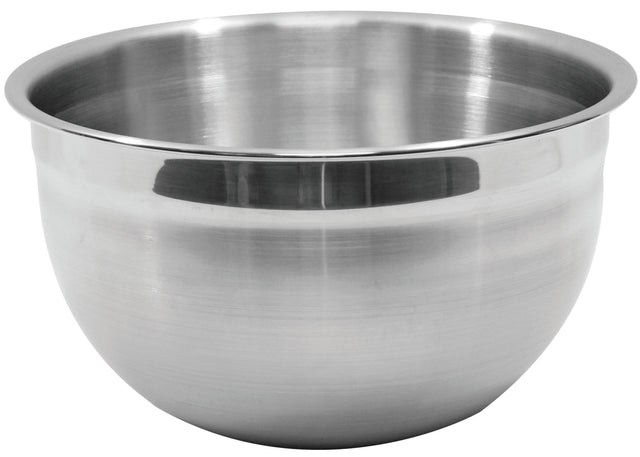 A shiny, empty Premium Mixing Bowl with a rounded bottom and wide, flared rim. This 5 qt Mixing Bowl is reflective, smooth, and set against a plain white background.
