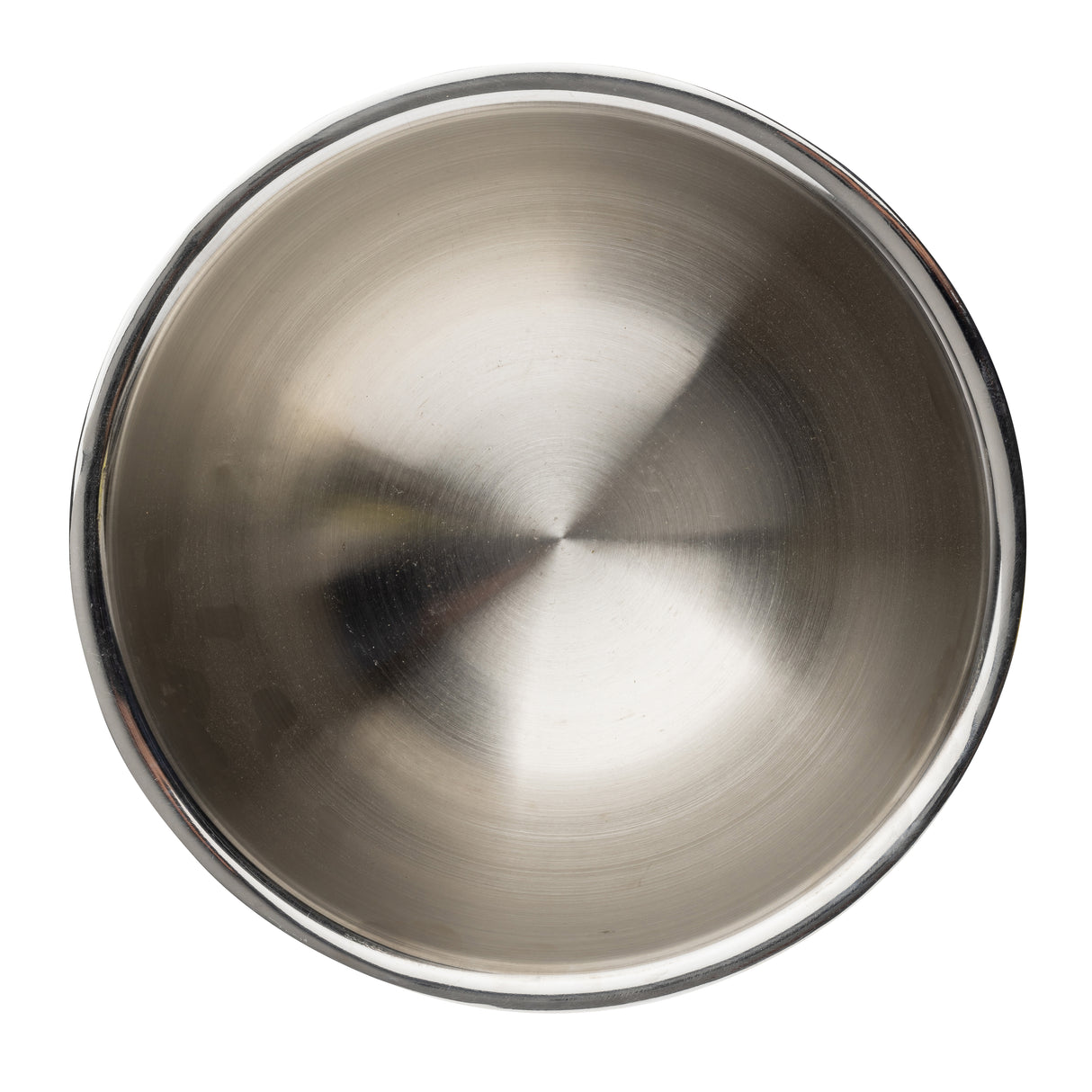 A top-down view of an empty, round Premium Mixing Bowl with a brushed stainless steel finish. The bowl has smooth sides and a shiny rim, reflecting light evenly across its surface. The background is plain and white.