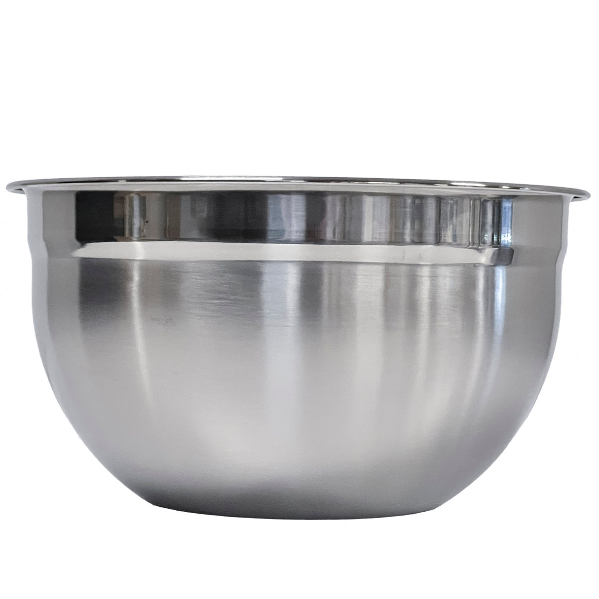 A shiny, empty Premium Mixing Bowl with a rounded base and wide, slightly flared rim. The smooth, reflective stainless steel surface shows subtle highlights and shadows as the bowl sits on a plain white background.