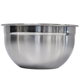 A shiny, empty Premium Mixing Bowl with a rounded base and wide, slightly flared rim. The smooth, reflective stainless steel surface shows subtle highlights and shadows as the bowl sits on a plain white background.