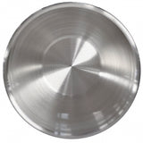 A round, shiny stainless steel mixing bowl viewed from above. The bowl has a brushed metal texture with circular patterns and subtle reflections, creating a slightly glossy appearance. The surface is clean and unadorned.