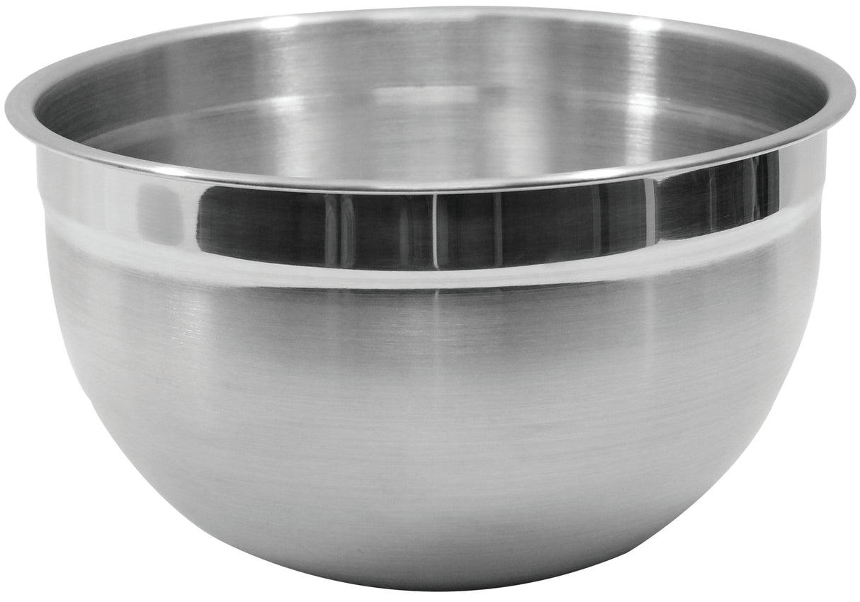 A large, shiny Premium Mixing Bowl with a wide rim and smooth, slightly reflective surface. This 8 qt Mixing Bowl sits empty on a plain white background, emphasizing its metallic texture and rounded shape.