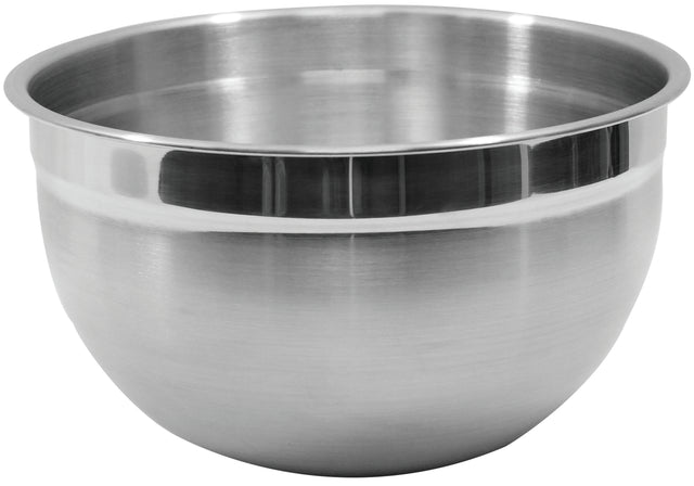 A large, shiny Premium Mixing Bowl with a wide rim and smooth, slightly reflective surface. This 8 qt Mixing Bowl sits empty on a plain white background, emphasizing its metallic texture and rounded shape.