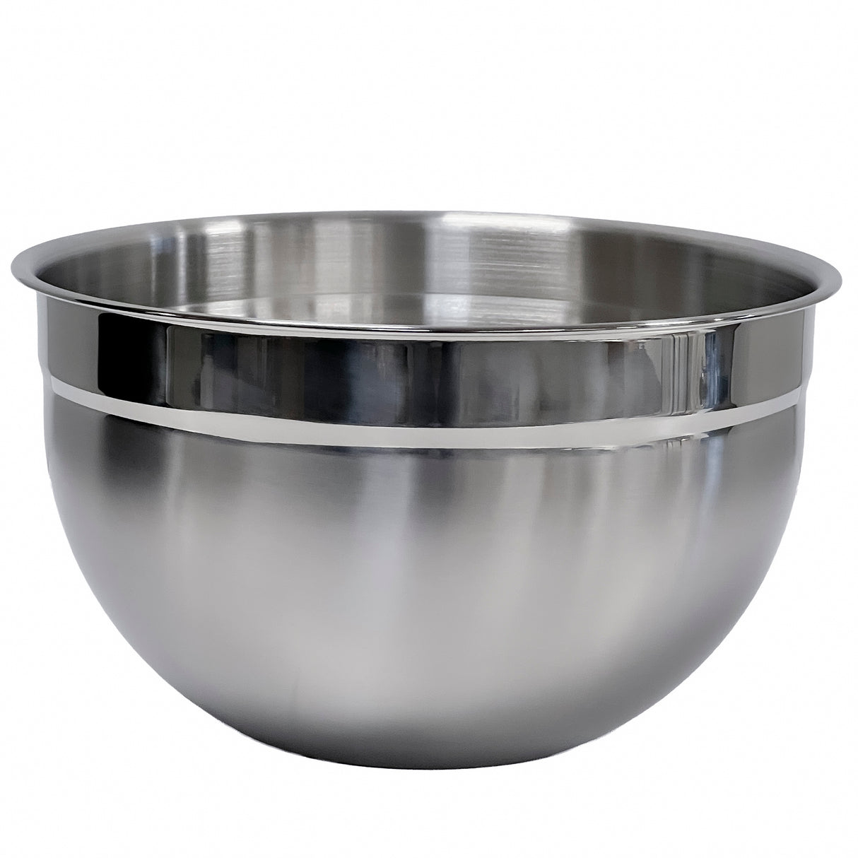 A shiny Premium Mixing Bowl with a wide rim sits on a white background. Its smooth, reflective stainless steel surface is empty, emphasizing the bowl’s simple, round, and utilitarian design.