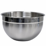 A shiny Premium Mixing Bowl with a wide rim sits on a white background. Its smooth, reflective stainless steel surface is empty, emphasizing the bowl’s simple, round, and utilitarian design.