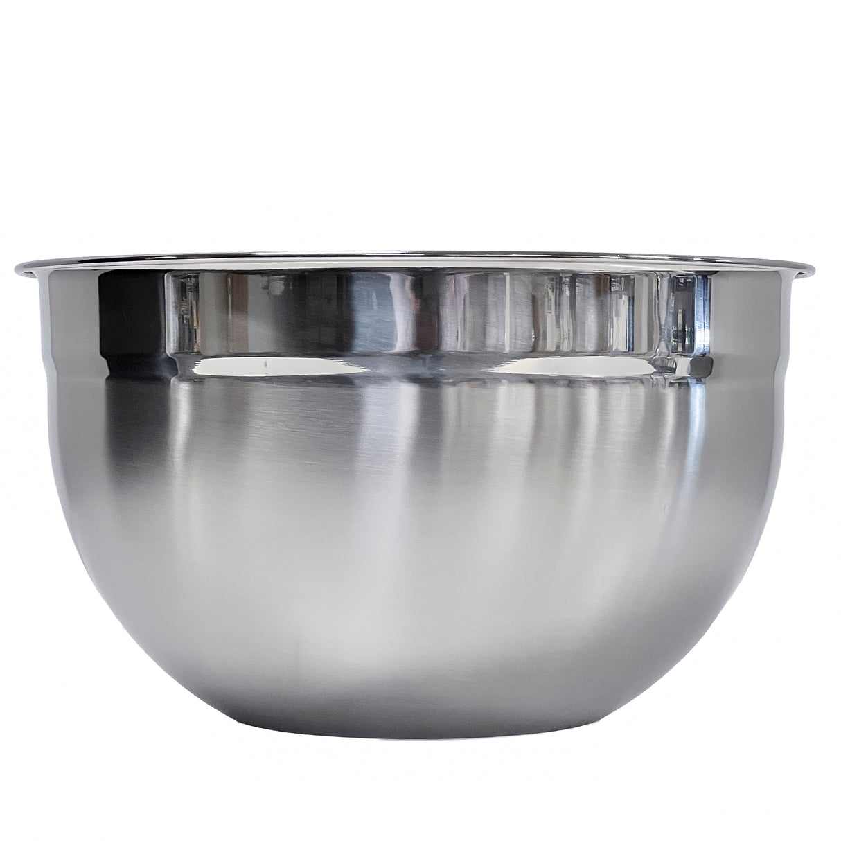 A shiny 8 qt Stainless Steel Mixing Bowl with a rounded bottom and wide, slightly flared rim reflects light and its surroundings, set against a plain white background.