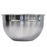 A shiny 8 qt Stainless Steel Mixing Bowl with a rounded bottom and wide, slightly flared rim reflects light and its surroundings, set against a plain white background.
