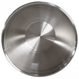 A shiny, empty 8 qt Stainless Steel Mixing Bowl is viewed from above. Its brushed metal surface features circular patterns and reflections, with smooth, slightly rounded edges. The bowl sits on a plain white background.