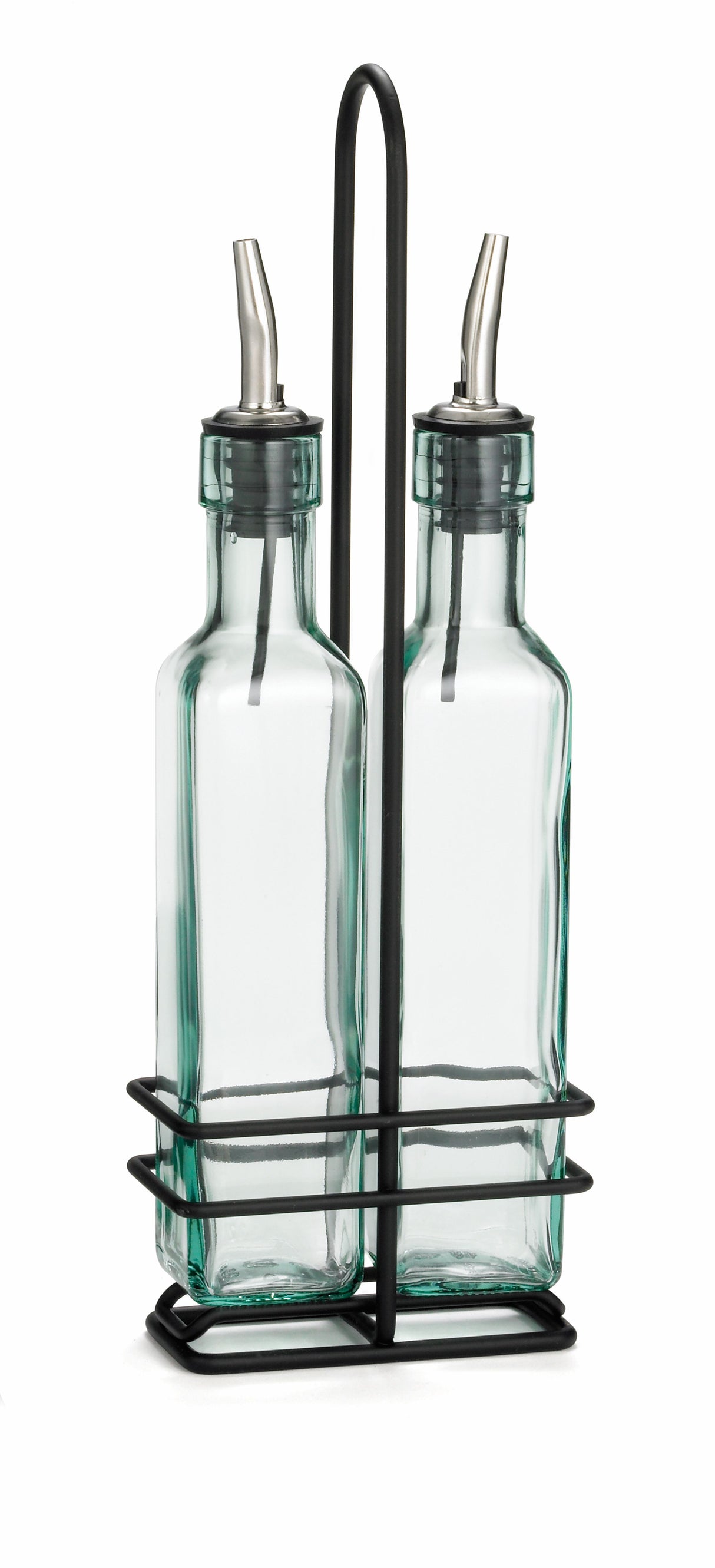 Two green tint glass bottles with stainless steel pourers sit side by side in a chrome plated rack with a handle. The square bottles are often used for oil and vinegar on kitchen tables, adding both function and style to your dining experience.