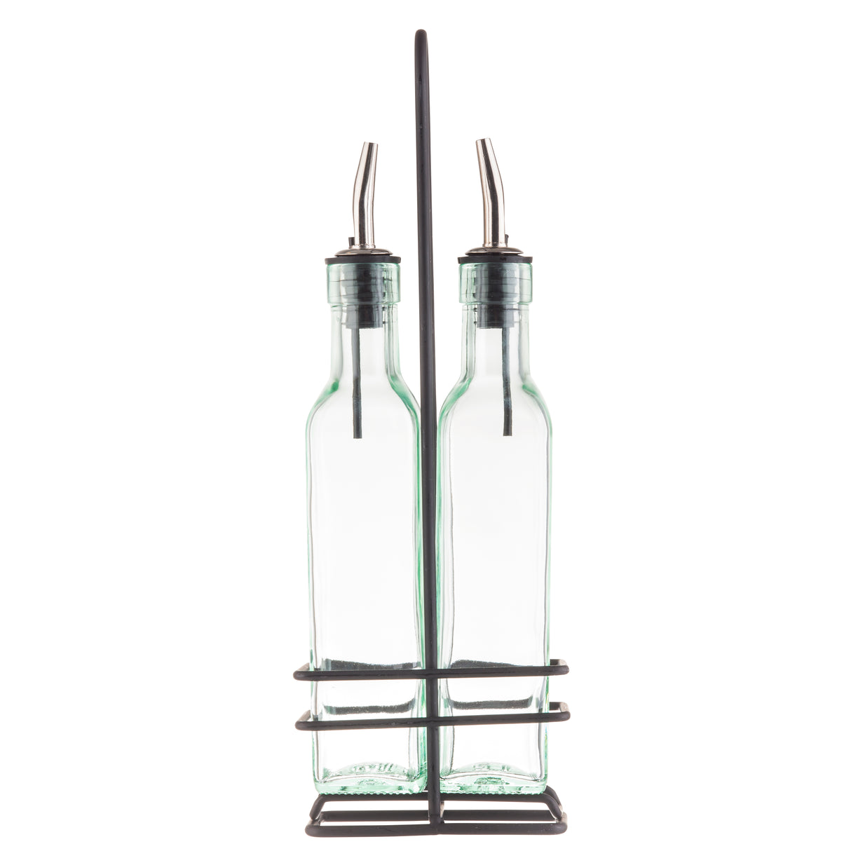 Two green tint glass bottles with stainless steel pourers stand side by side in a black metal holder. The holder features a central handle and a rectangular base with horizontal bars to keep the bottles upright and secure.