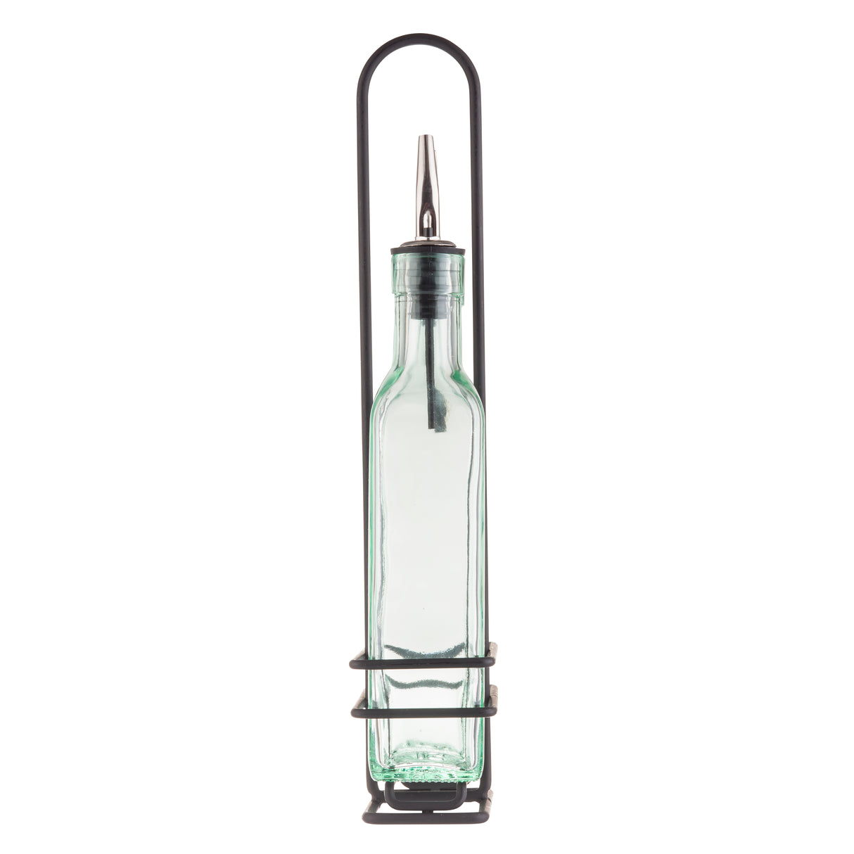 A clear glass oil bottle with a stainless steel pourer sits in a tall, black metal rack with a handle. The holder has three horizontal rings securing the bottle and an arched top for easy carrying. The empty glass bottle stands against a white background.