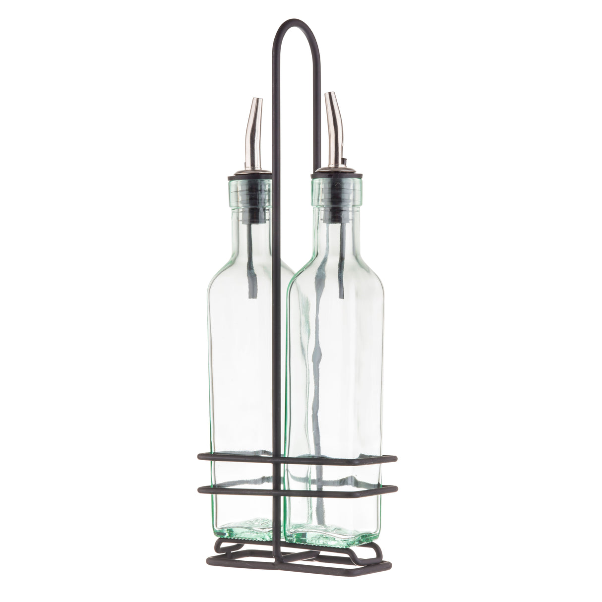 Two green tint glass bottles with stainless steel pourers are held upright in a black metal rack with a tall handle. The bottles are empty, and the rack encases them at the base and midsection for easy carrying and storage.