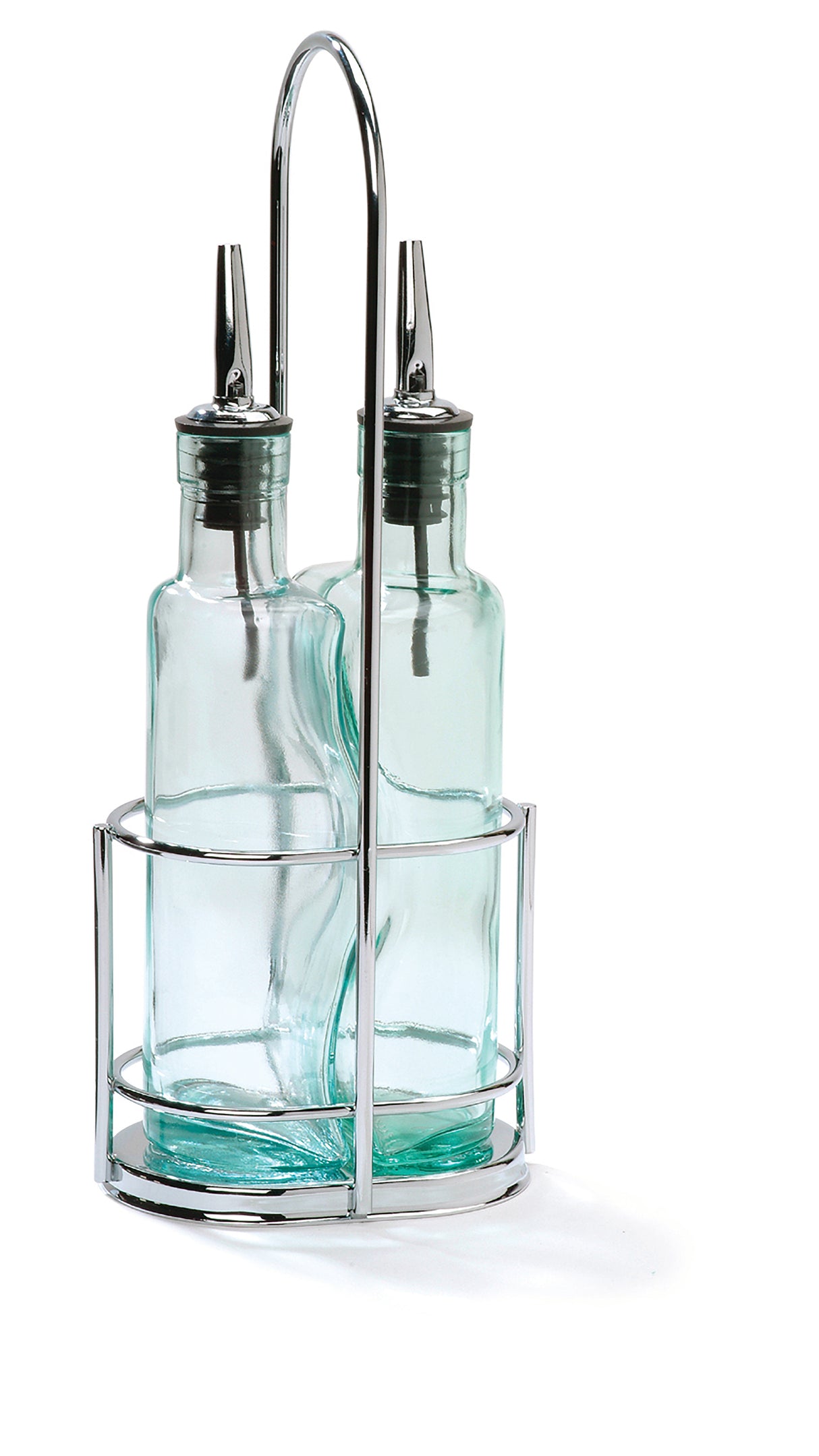 Two green tint glass bottles with stainless steel pourers are placed in a silver metal caddy with a handle. The caddy has circular holders to keep the Gemelli bottle set upright. The image is on a white background with a slight shadow to the right.