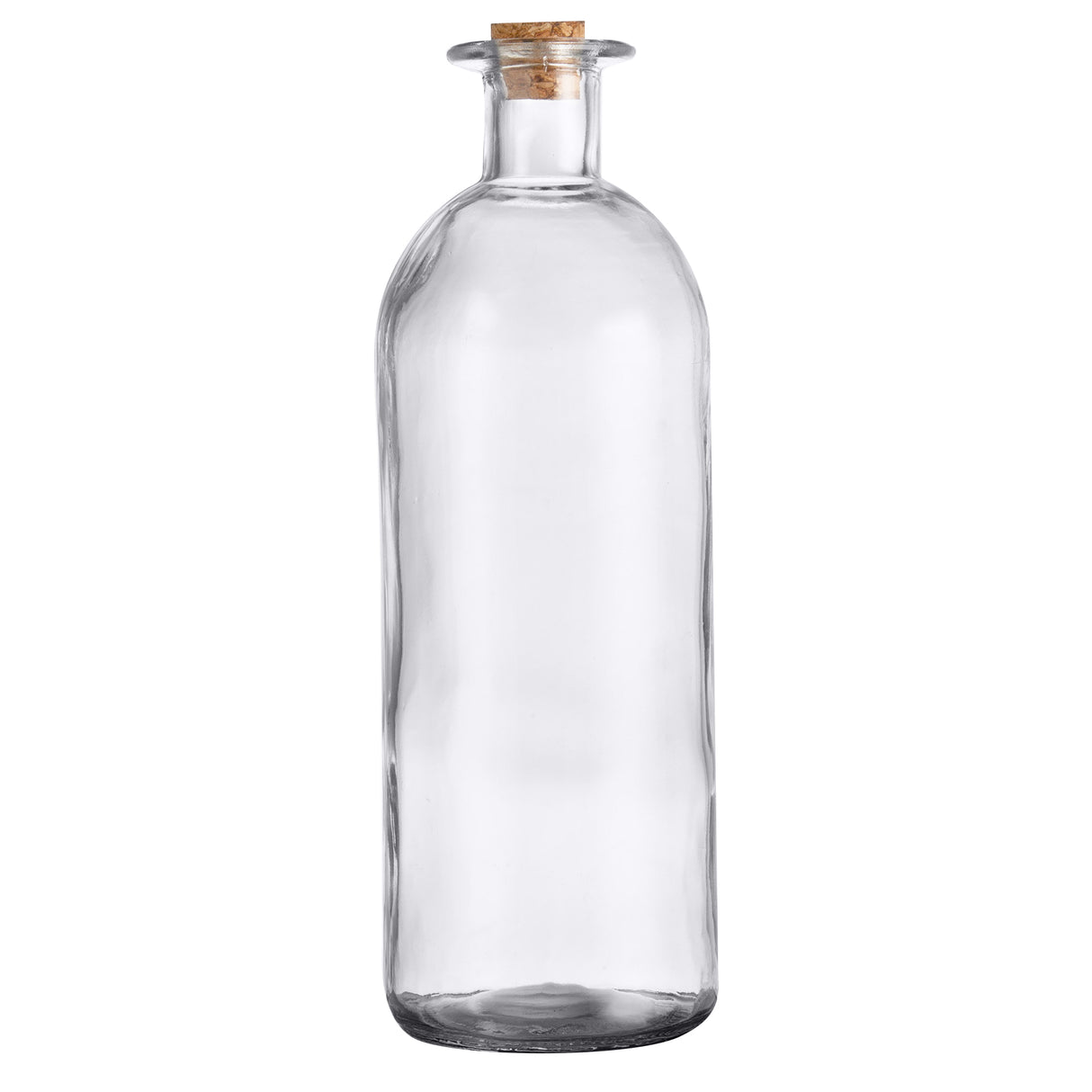 A clear glass bottle with straight sides and a slight shoulder near the neck, often used as an olive oil bottle, stands upright on a plain white background, sealed with a round cork stopper.