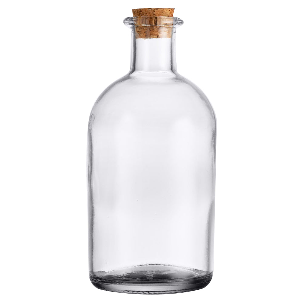 A clear glass bottle with a rounded body and short neck, sealed with a light brown cork stopper. Perfect as an olive oil bottle, this TableCraft piece stands upright on a white background, its transparent surface reflecting light subtly.