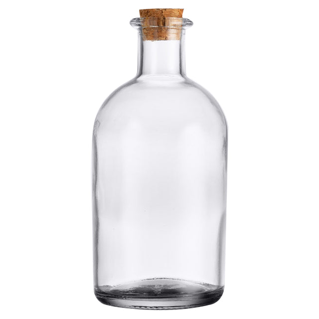 A clear glass bottle with a rounded body and short neck, sealed with a light brown cork stopper. Perfect as an olive oil bottle, this TableCraft piece stands upright on a white background, its transparent surface reflecting light subtly.