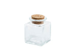 A small, empty, clear glass spice jar with a square base and rounded edges, topped with a round, natural cork stopper. This TableCraft mini spice jar is photographed on a plain white background with soft shadows at its base.