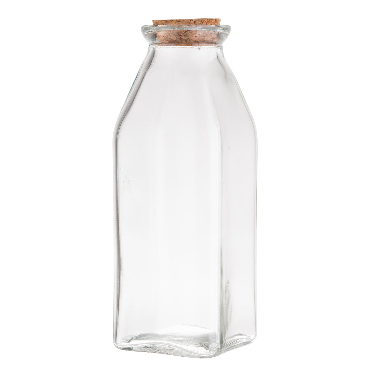 A clear Glass Milk Jar with a square base and rounded shoulders is topped with a light brown cork stopper. This TableCraft-style bottle stands upright against a plain white background, perfect for stylish storage or display.