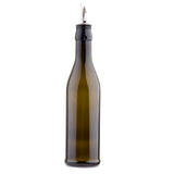 A tall, dark green glass bottle with a narrow neck and a stainless steel pourer on top, typically used for dispensing olive oil or vinegar, is shown standing upright on a white background.
